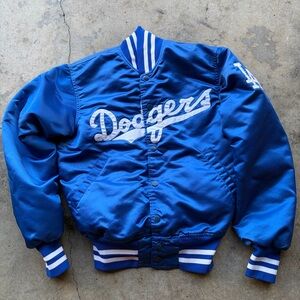 80s VINTAGE LOS ANGELES L.A. DODGERS BLUE SATIN BOMBER JACKET EASTPORT TAG